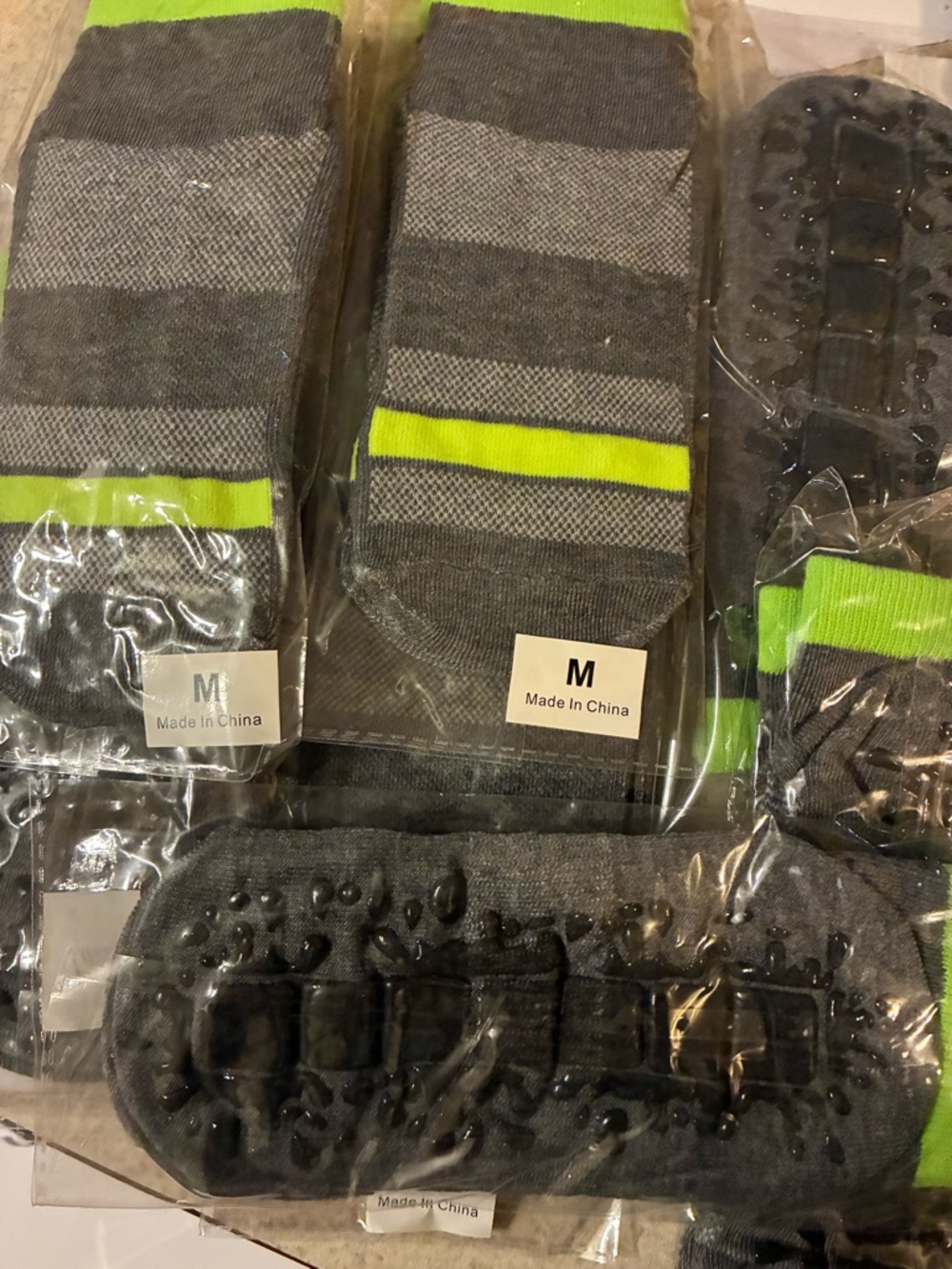 Unisex  Gray Stripe Non-Slip Socks with Lime Accent size Medium